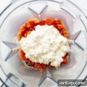A blender filled with creamy tomato and cottage cheese mixture.