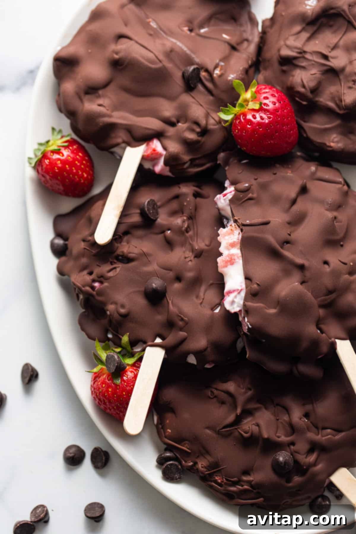 Delicious chocolate covered strawberry frozen yogurt bars on a white plate, ready to be enjoyed as a healthy dessert.