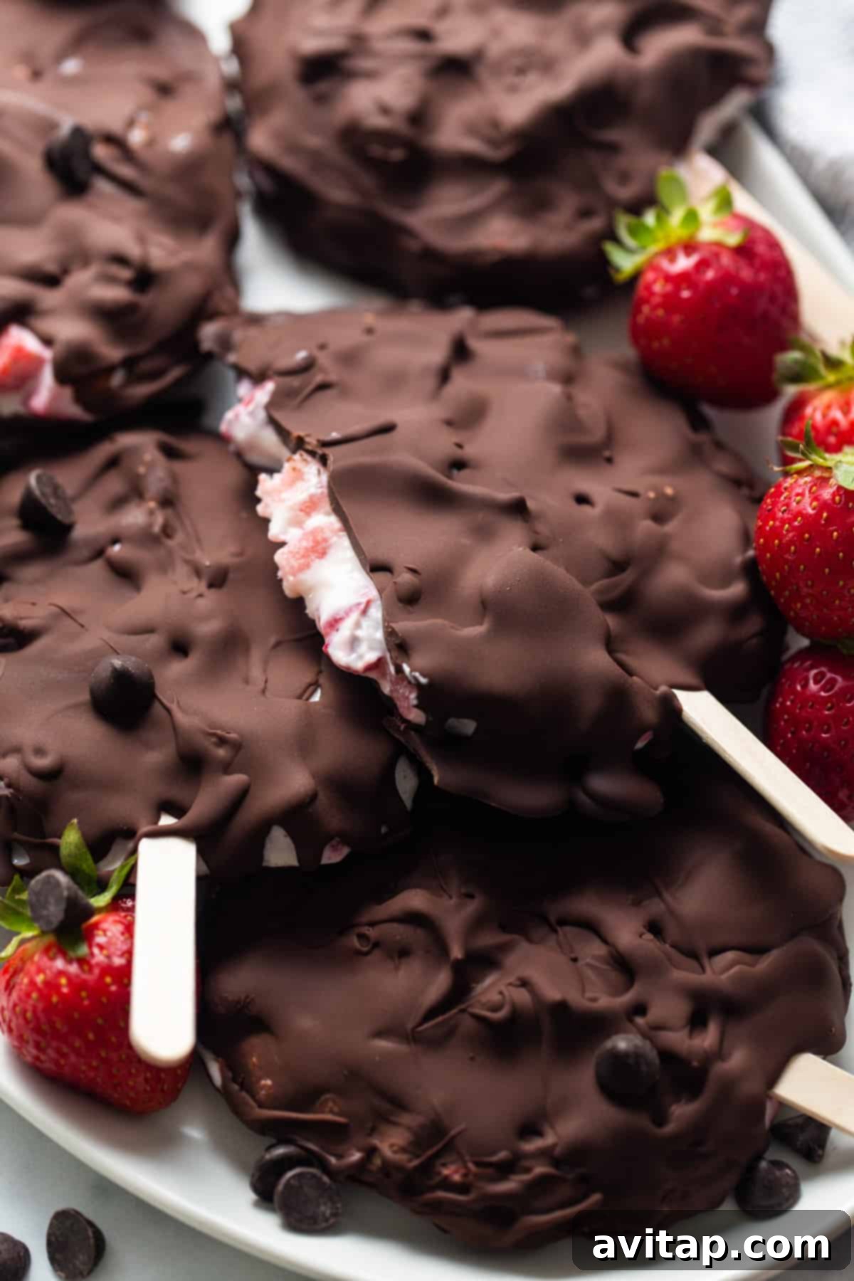 A stack of chocolate covered strawberry frozen yogurt bars presented on a plate, ready to eat and enjoy.