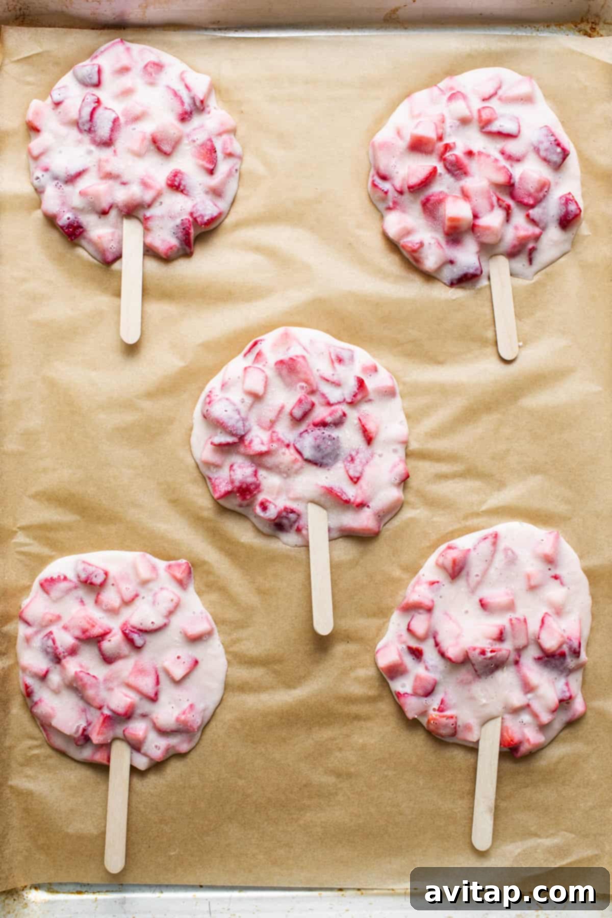 Strawberry yogurt mixture with sliced fruit scooped onto a parchment-lined baking sheet with popsicle sticks, ready for freezing.