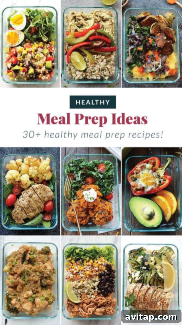 A vibrant spread of various healthy meal prep dishes, including salads, bowls, and snacks, neatly arranged in containers.