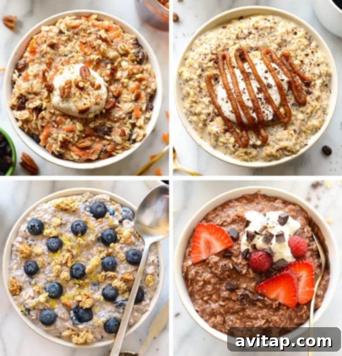 Close-up of three jars of colorful overnight oats, garnished with fresh fruit and nuts, ready for a healthy breakfast.