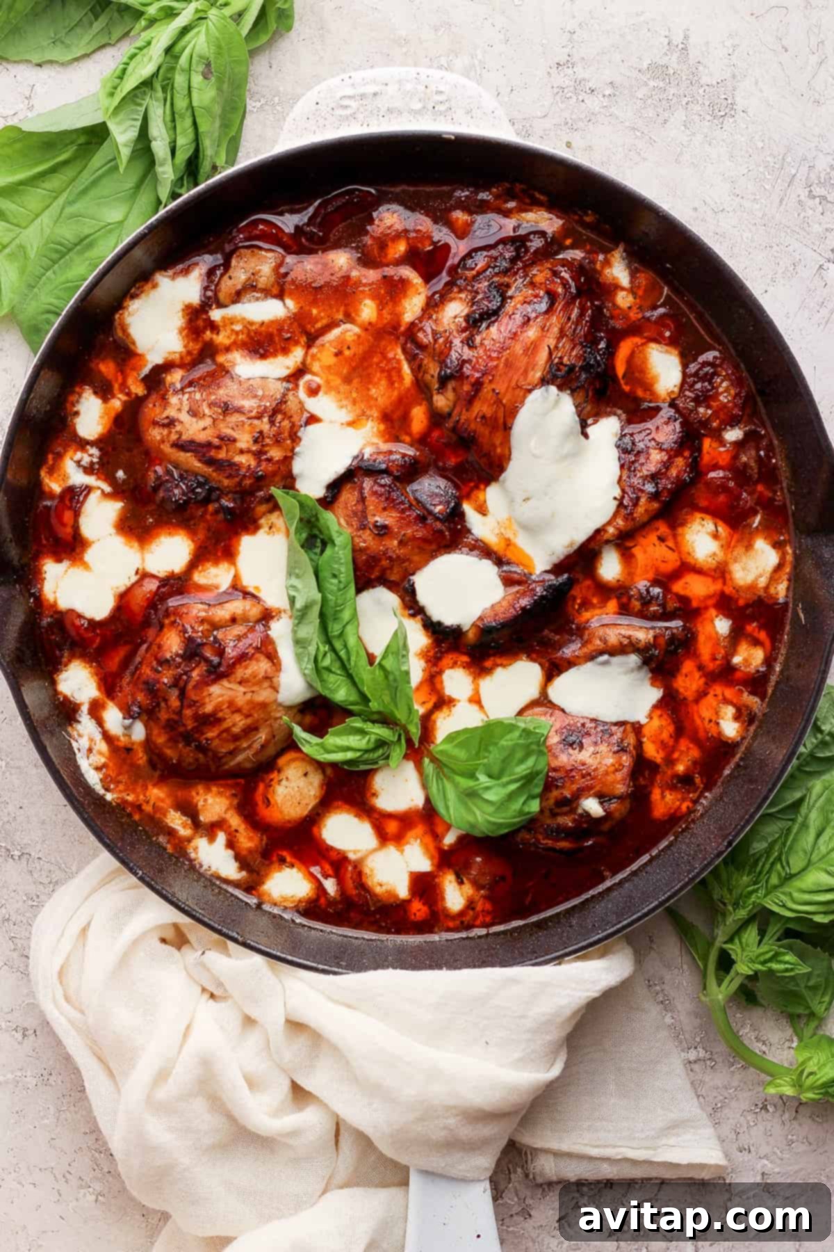A cast iron skillet filled with simmering balsamic chicken thighs in a rich sauce, adorned with fresh basil leaves.