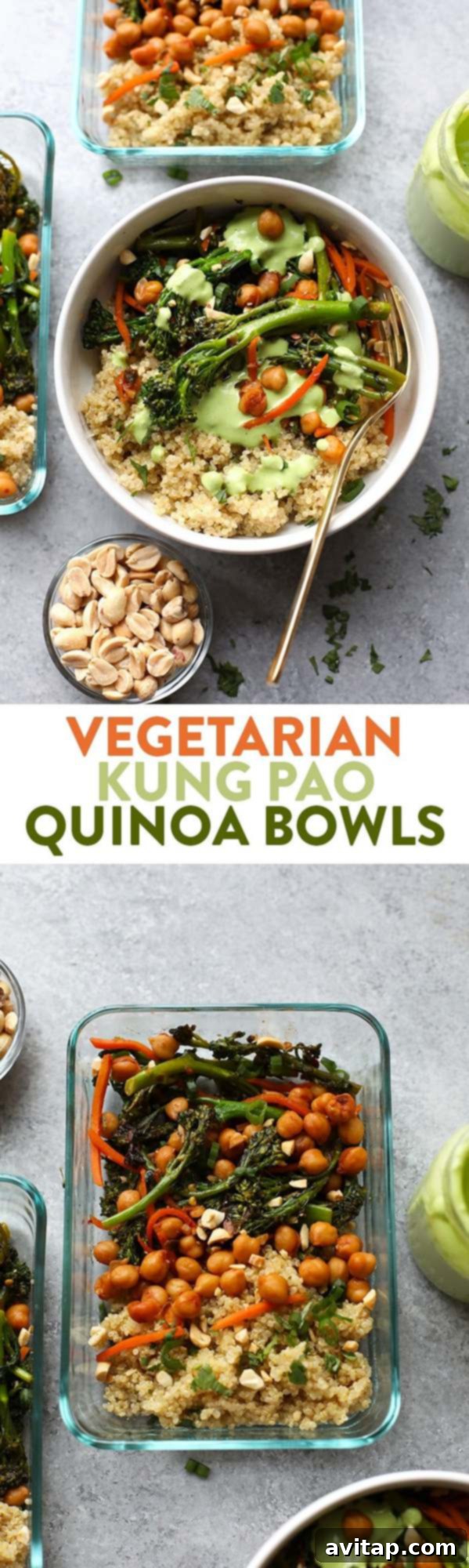 A colorful array of Vegetarian Kung Pao Quinoa Bowls in glass meal prep containers, showcasing healthy ingredients and meticulous organization for a week of wholesome eating.