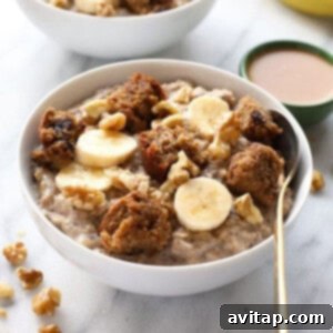 Two enticing bowls of banana stovetop oatmeal, garnished with fresh banana slices and walnuts.