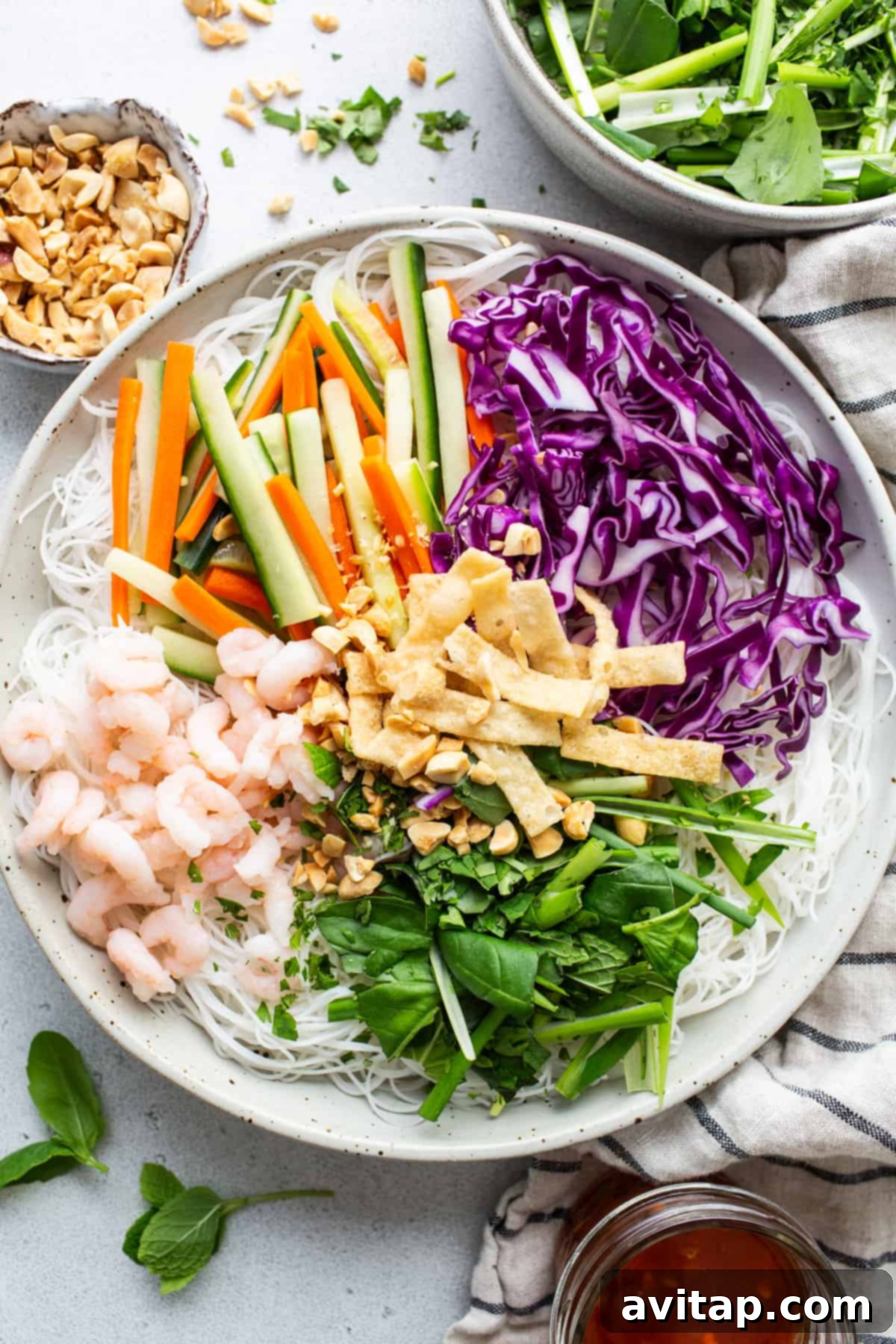 Vietnamese noodle salad with shrimp and vegetables.