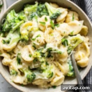 Velvety Broccoli Pasta 6 A bowl of pasta with broccoli and parmesan cheese, a delightful comfort food.
