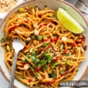 Quick Peanut Noodles in 20 Minutes 10 Thai peanut noodles in a bowl with lime and peanuts.