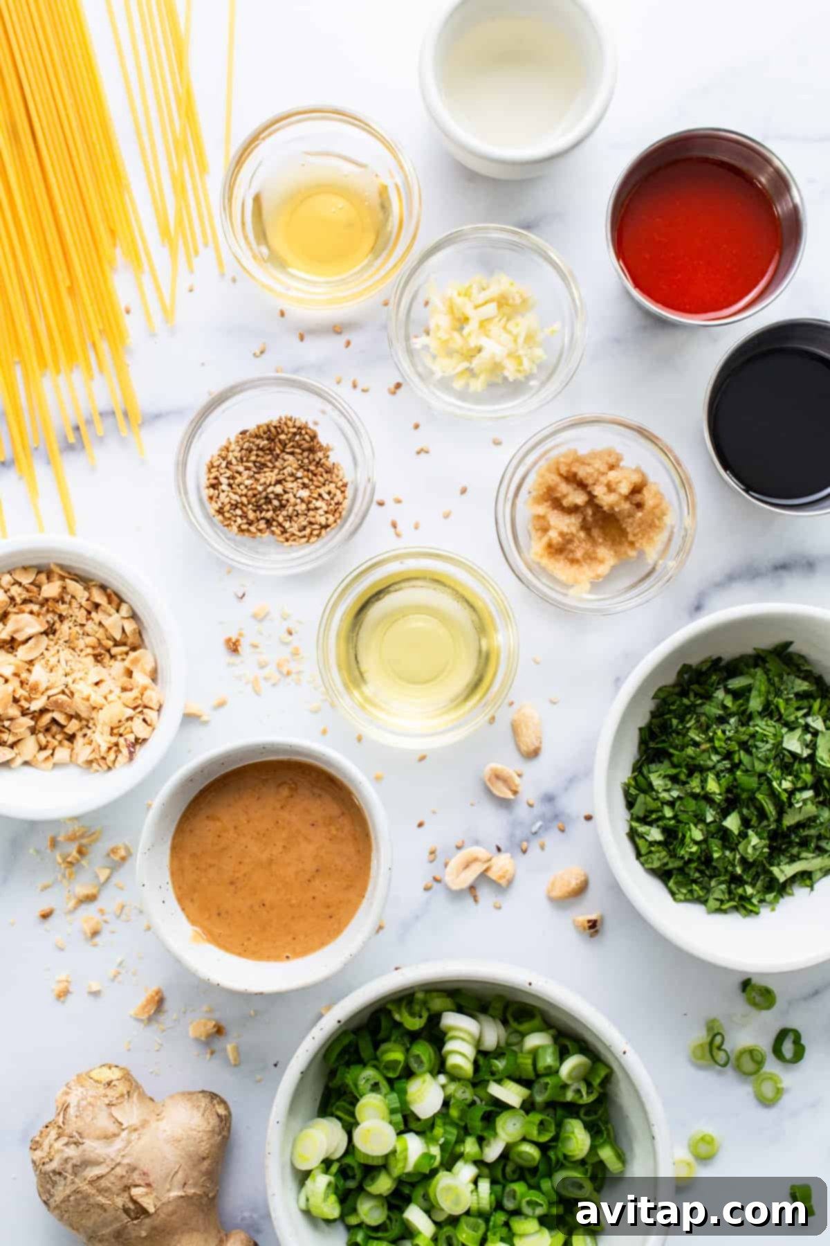 Quick Peanut Noodles in 20 Minutes 3 Ingredients for asian noodles on a white marble table.