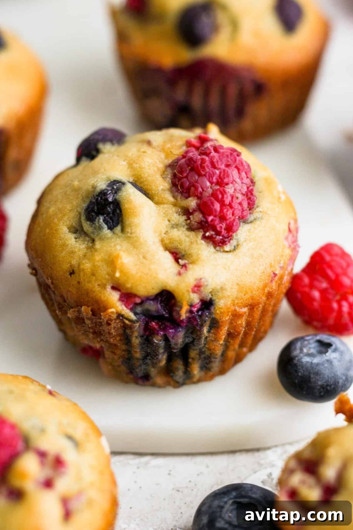 A vibrant display of berry muffins, adorned with fresh blueberries and raspberries, served elegantly on a pristine white plate.