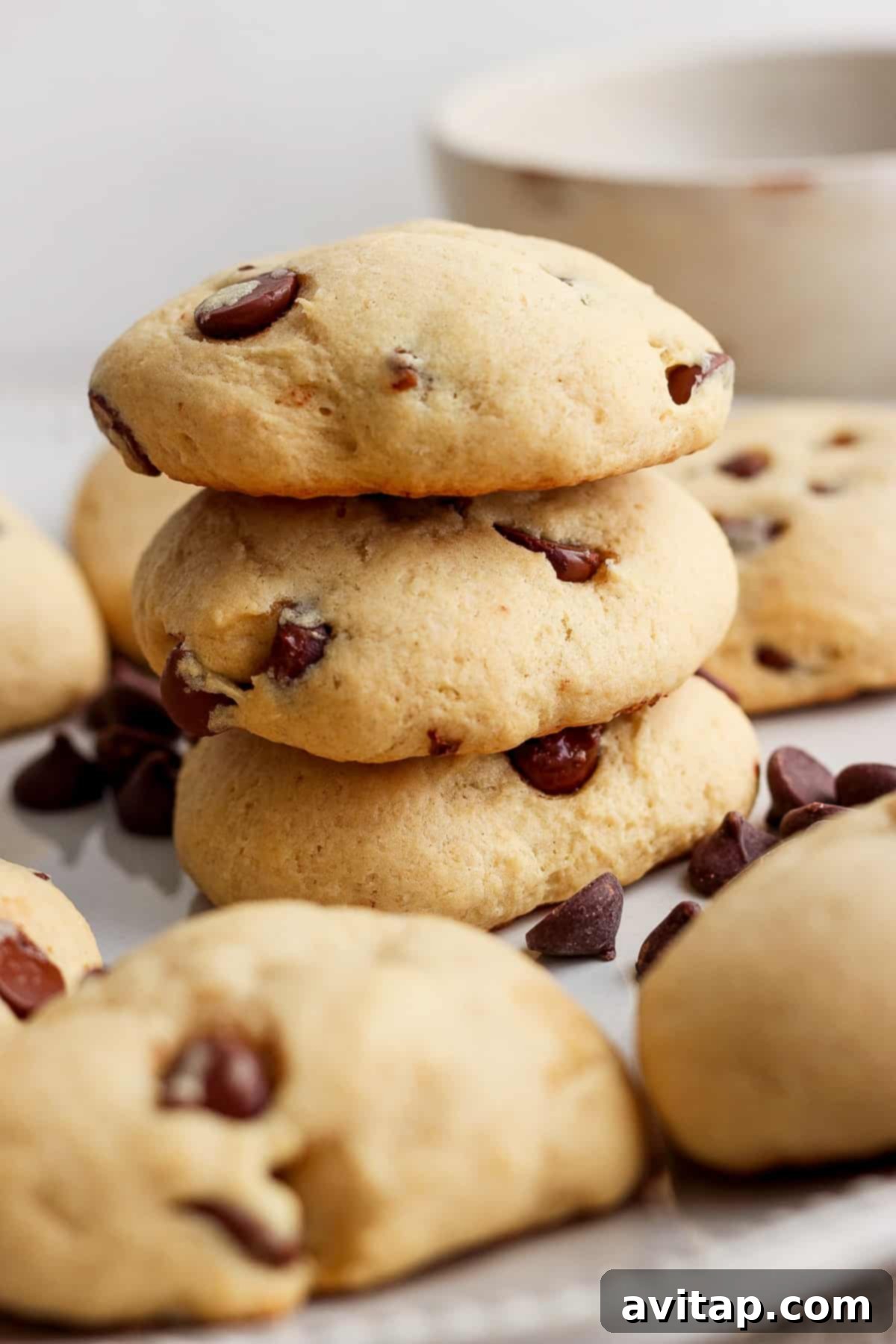A beautifully arranged stack of freshly baked cottage cheese chocolate chip cookies on a pristine white plate.