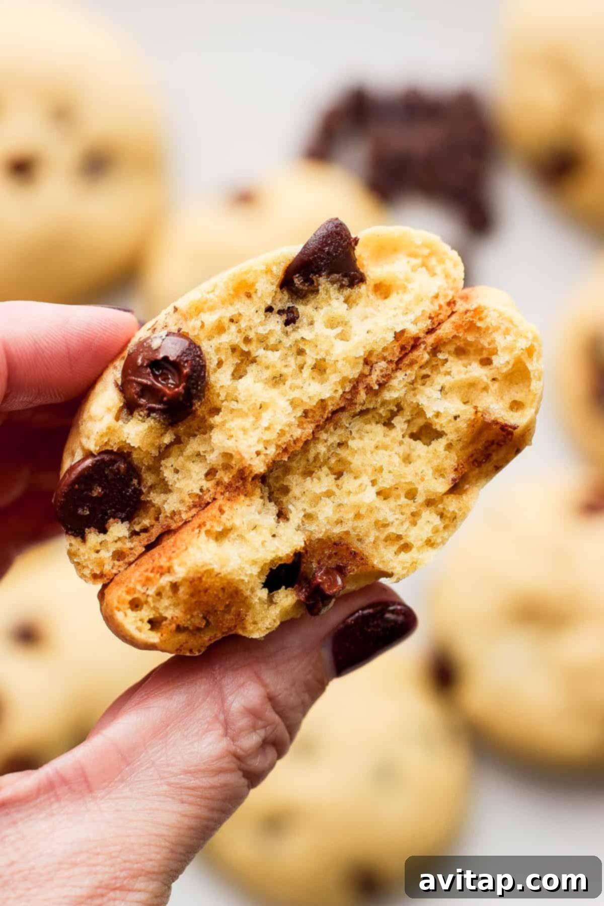 A person holding a freshly baked cottage cheese chocolate chip cookie with a bite taken out, revealing its soft interior and melted chocolate.