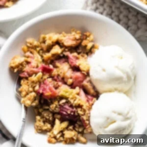 A bowl of warm rhubarb crisp, garnished with a generous scoop of vanilla ice cream and fresh berries, ready for serving.