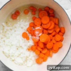 Diced onions and sliced carrots with seasoning in a cooking pot.