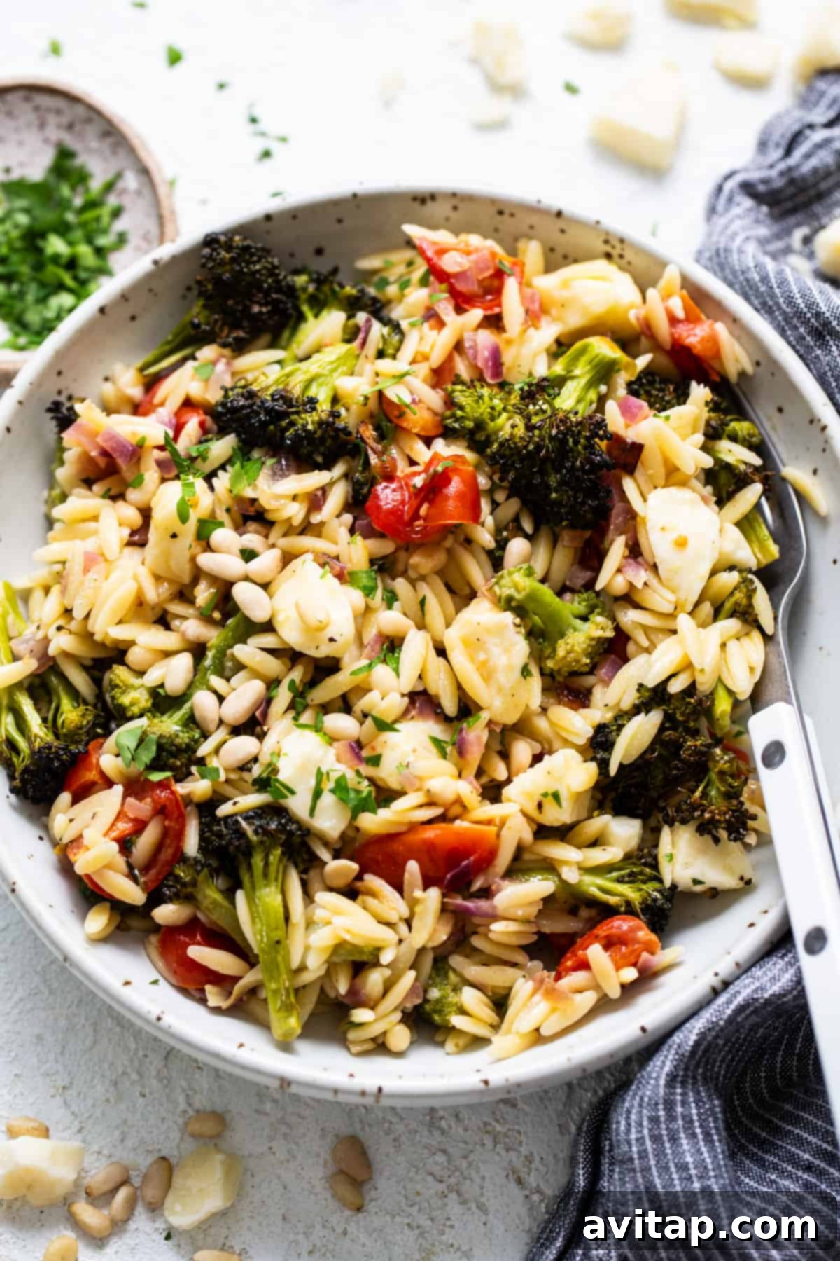 A beautifully presented bowl of Orzo Pasta Salad featuring roasted broccoli florets, halved cherry tomatoes, and golden pine nuts, sprinkled with fresh herbs and grated white cheddar cheese, resting on a textured white surface.