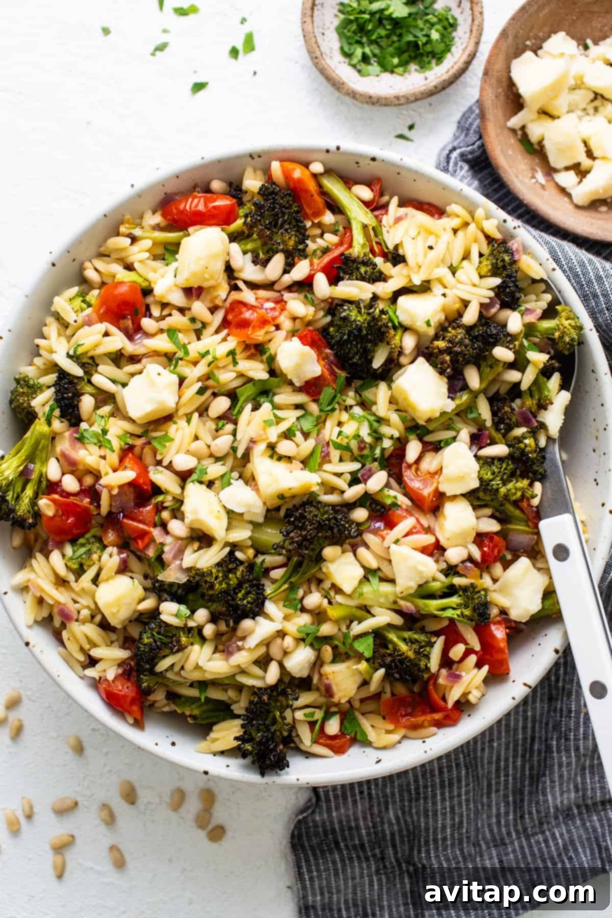 A beautifully composed bowl of Orzo Pasta Salad on a textured white background, featuring roasted broccoli, bright cherry tomatoes, pine nuts, and aged white cheddar, garnished with fresh herbs.