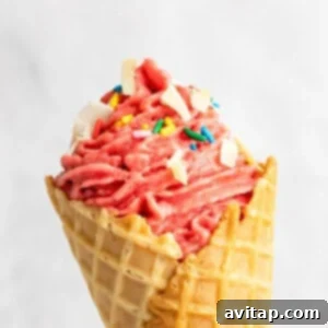 A close-up of a strawberry soft-serve ice cream cone topped with sprinkles and white chocolate chunks, inviting you to enjoy this delightful treat.