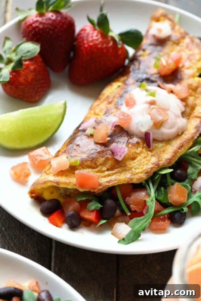 An overhead shot of a healthy veggie-packed black bean omelette, showcasing its colorful ingredients and generous protein.
