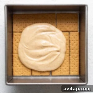 A square baking dish filled with graham crackers topped with a layer of smooth, creamy filling.