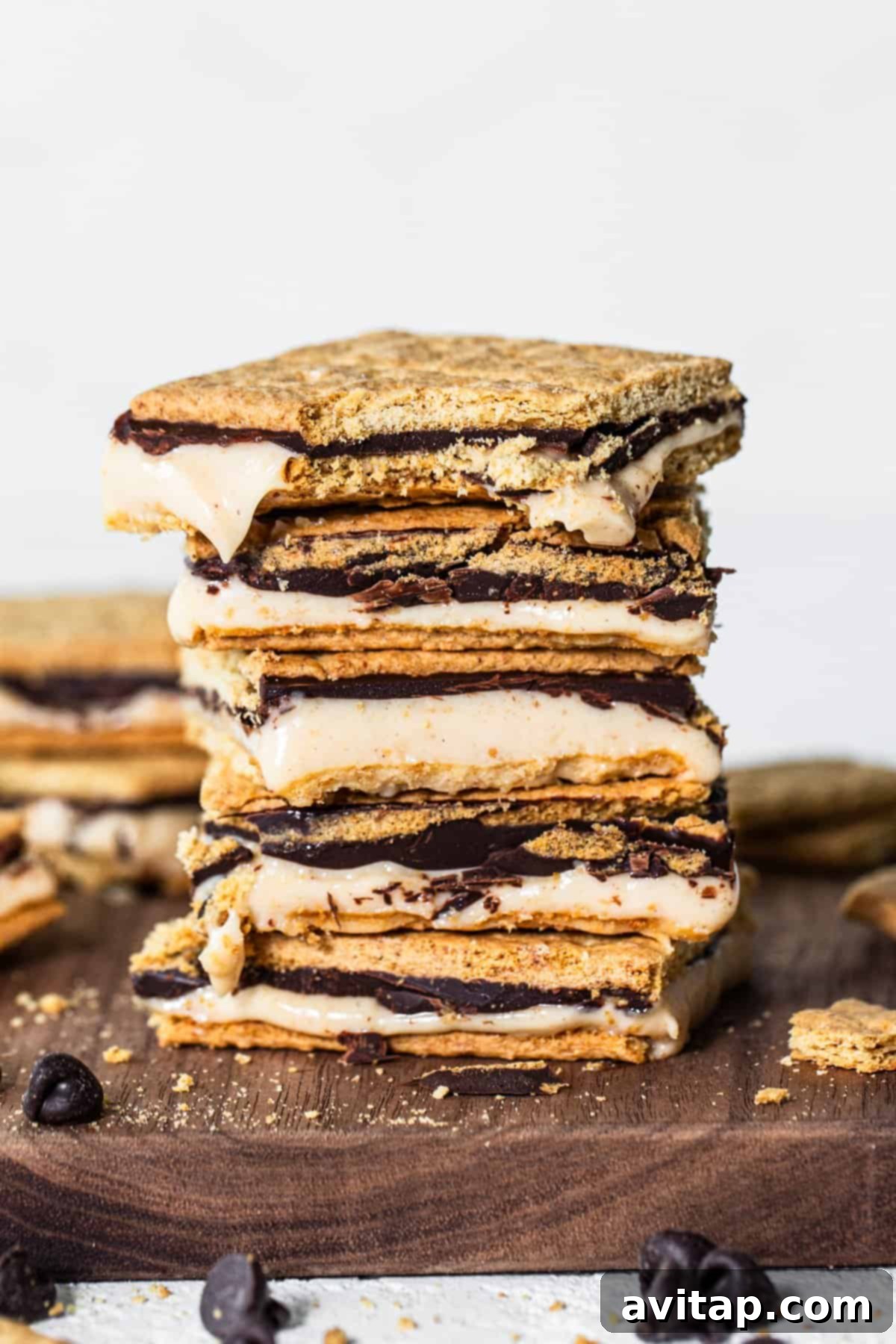 A stack of s'mores with melted chocolate and marshmallows, surrounded by cookie crumbs and chocolate chips.