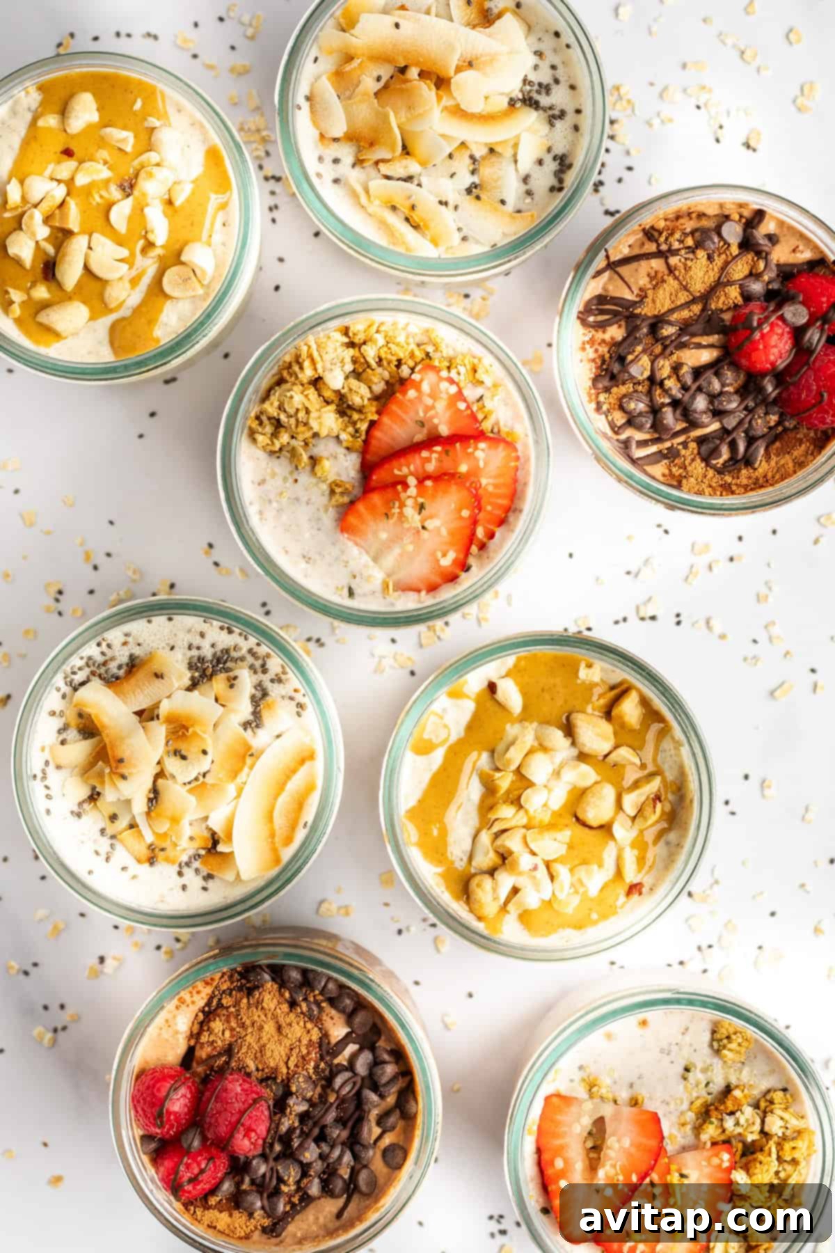 Overhead view of seven jars filled with different varieties of overnight oats topped with ingredients like strawberries, chocolate chips, chia seeds, coconut flakes, and granola, arranged in a visually appealing pattern.