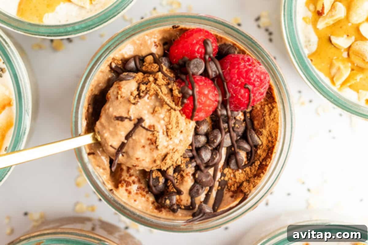 A glass bowl of chocolate oatmeal topped with raspberries, chocolate chips, and a dusting of cocoa powder. A spoon rests inside the bowl, inviting a taste of this decadent breakfast.