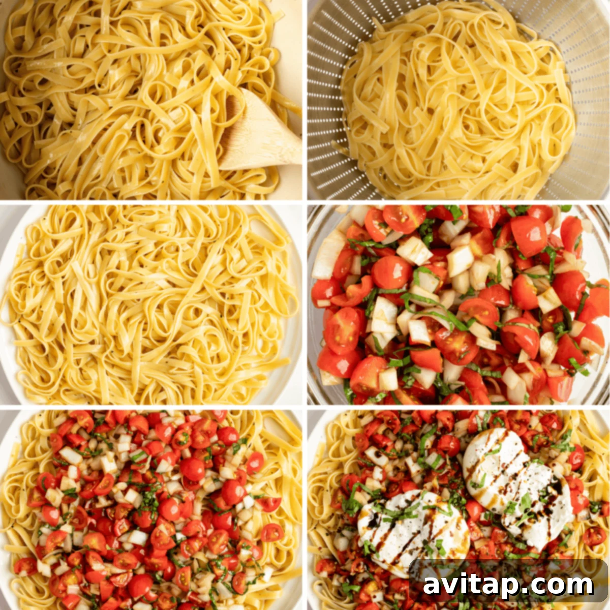 A close-up of the finished bruschetta pasta, adorned with creamy burrata, fresh basil, and a balsamic glaze drizzle.