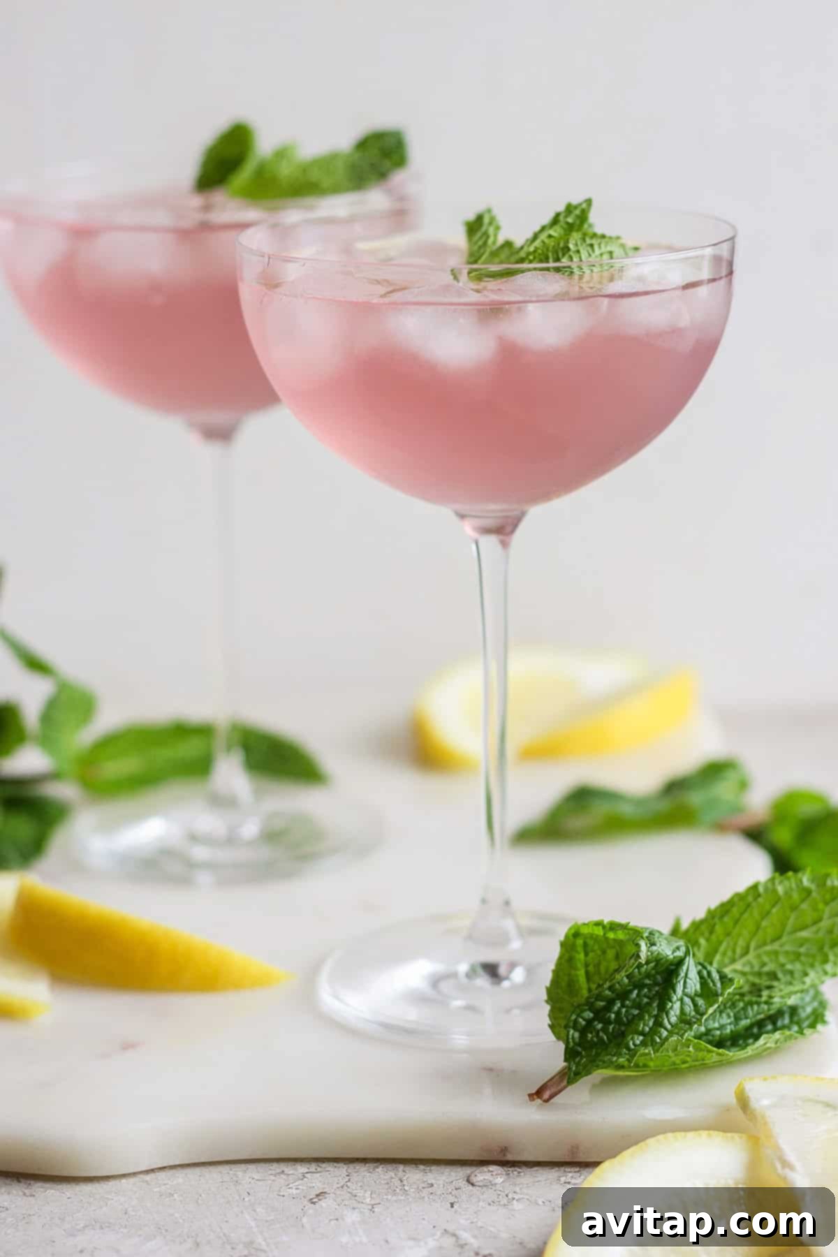 A vibrant purple unicorn gin cocktail in a stemmed glass, garnished with lemon and mint, ready for its magical color transformation.
