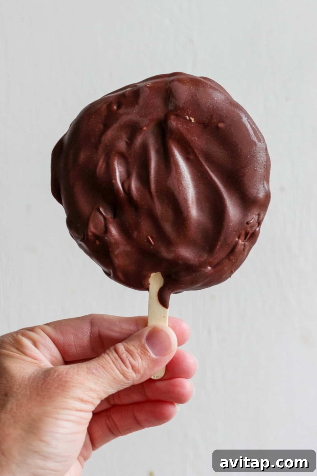 Delicious Homemade Dilly Bars 6 A hand holding a chocolate-covered ice cream on a stick against a plain background.
