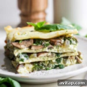 Artisan Pesto Lasagna 9 A slice of vegetarian lasagna with visible layers of spinach, mushrooms, and cheese on a white plate, garnished with fresh basil leaves.