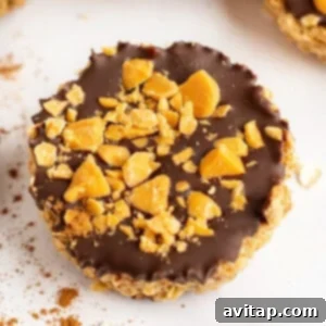 A close-up view of a single, perfectly formed round dessert. The top layer is a smooth, dark chocolate, elegantly sprinkled with golden-orange toffee pieces, providing a delightful textural contrast. The dessert rests on a subtle, light background, emphasizing its rich details.