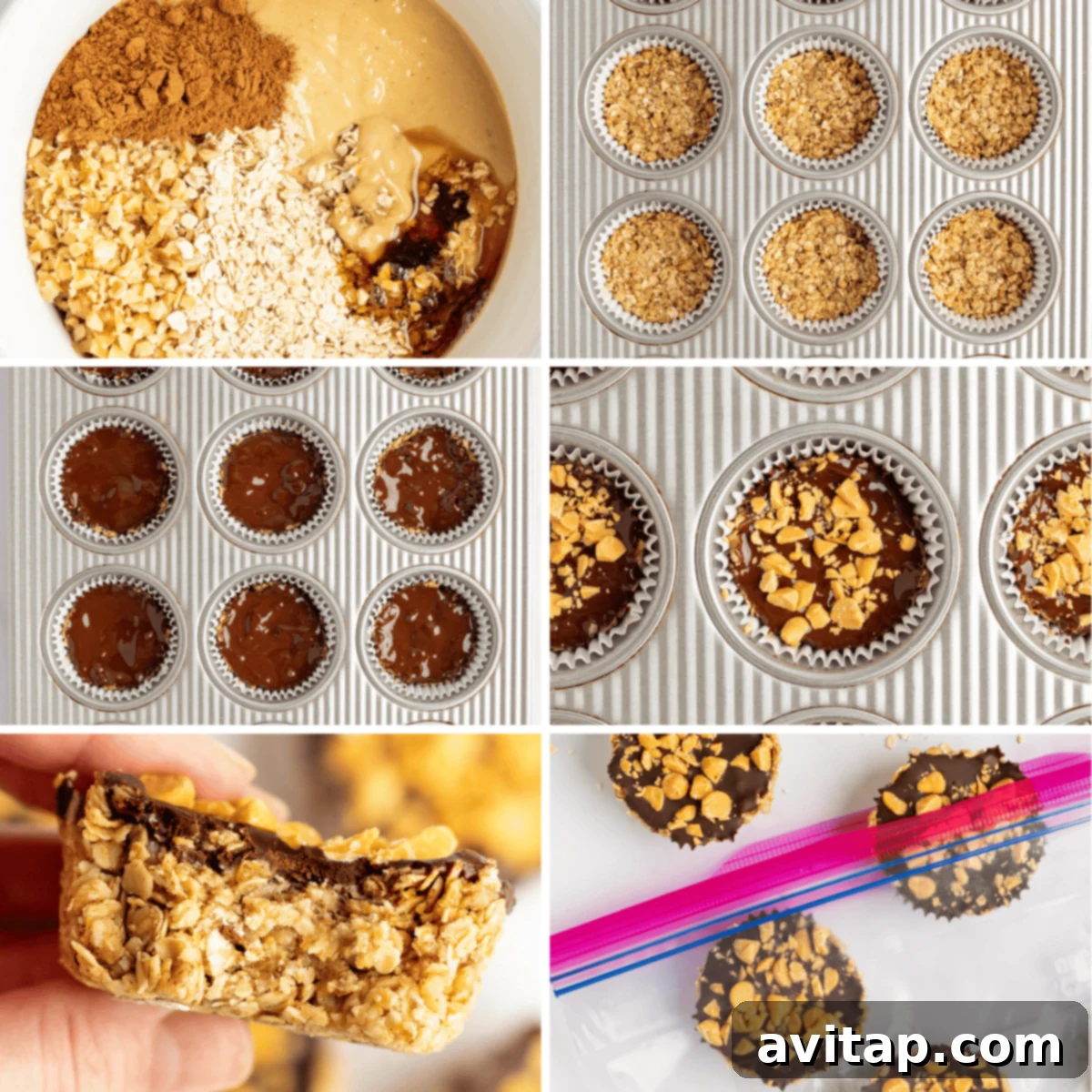 Two halves of a pumpkin spice oat cup showcasing the distinct layers. The bottom layer is a rich, textured oat base, while the top is a smooth, glossy chocolate, sprinkled with golden butterscotch chips. The image highlights the tempting combination of textures and flavors.