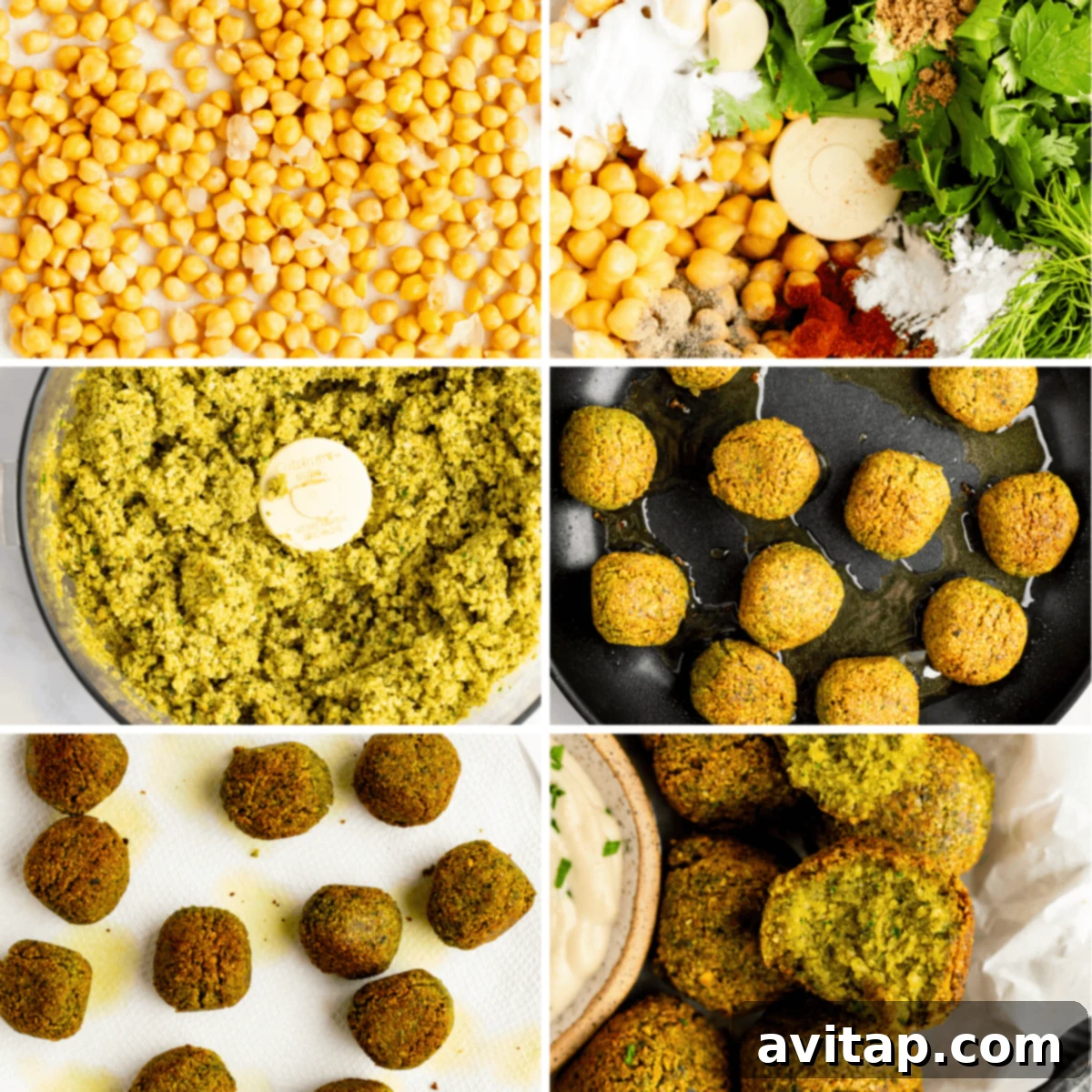 A selection of fresh ingredients and prepared components for a falafel bowl, including yellow rice, a bowl of creamy yogurt sauce, feta cheese crumbles, hummus, a vibrant cucumber salad, and golden falafel patties, all artfully arranged on a white surface with sprigs of cilantro for garnish.