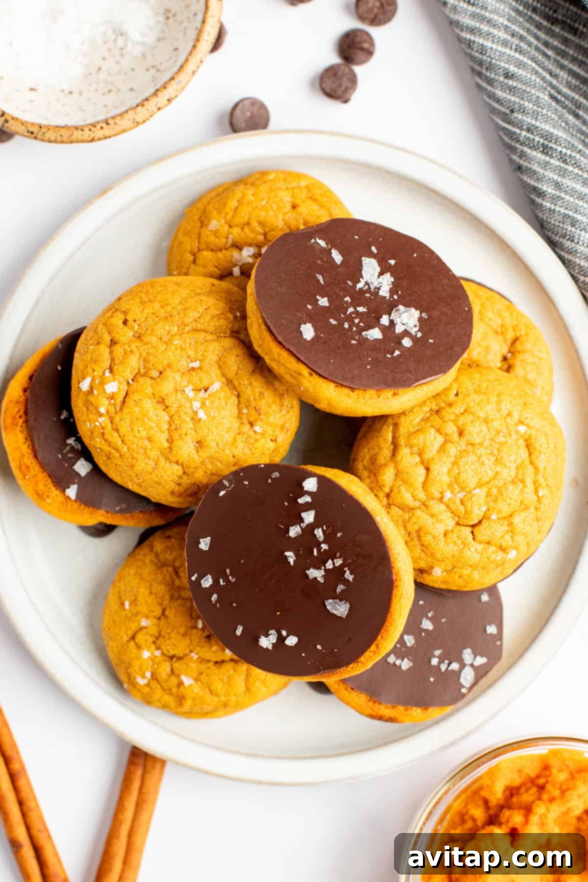A white plate holds several pumpkin cookies, half of which are elegantly dipped in chocolate and sprinkled with coarse sea salt. The other half are plain, showcasing their golden-orange hue. Nearby, a bowl of melted chocolate, a rustic cloth, loose chocolate chips, and cinnamon sticks complete the inviting autumn scene, highlighting the seasonal theme.