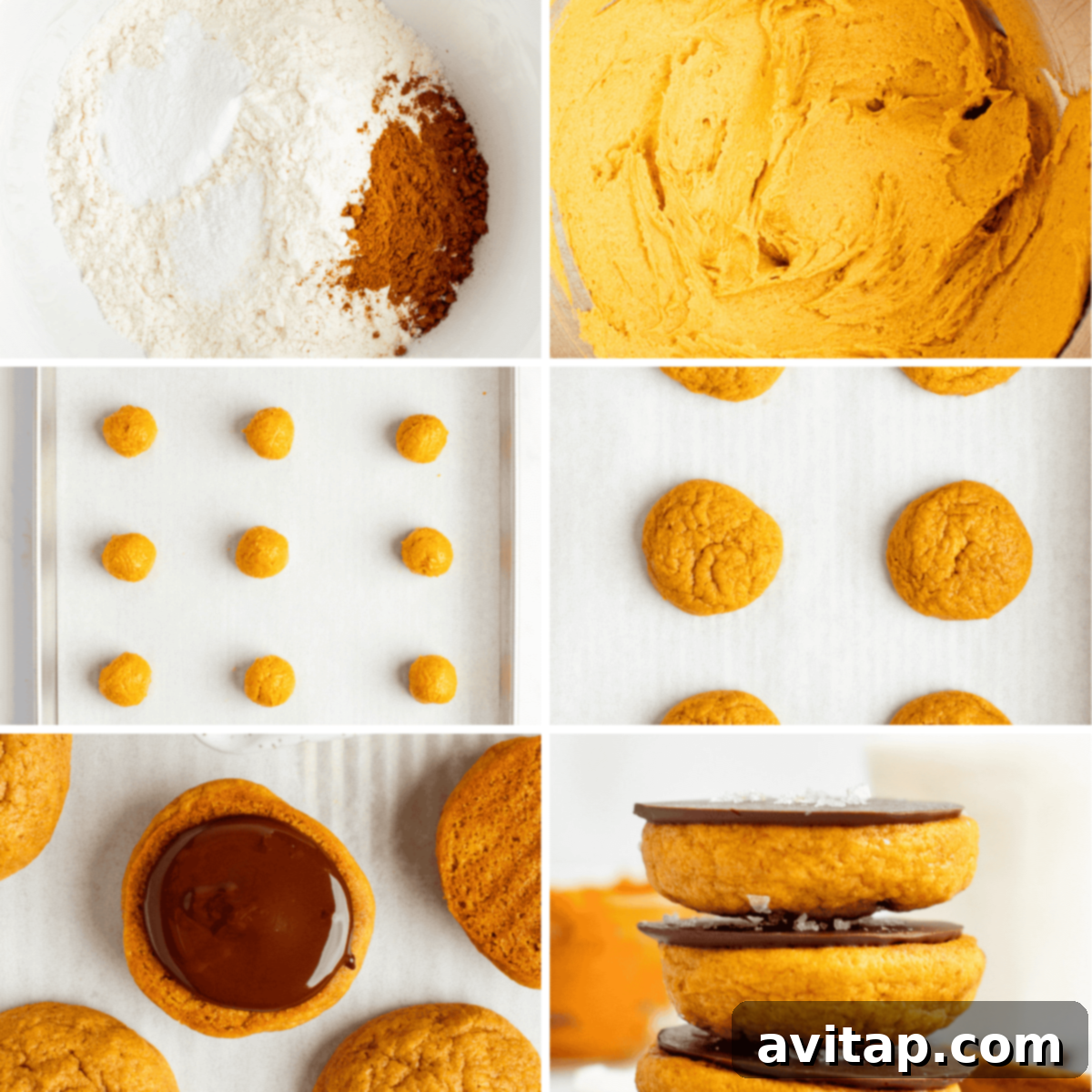 A step-by-step visual guide to baking pumpkin cookies, showing the flour and spices in a bowl, the mixed dough in a stand mixer, dough balls neatly arranged on a baking tray, freshly baked cookies, cookies with a chocolate topping, and a stack of beautifully finished cookies.