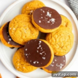 A plate of freshly baked pumpkin cookies, some elegantly topped with a layer of smooth chocolate and delicate sea salt flakes, beautifully arranged on a white plate.