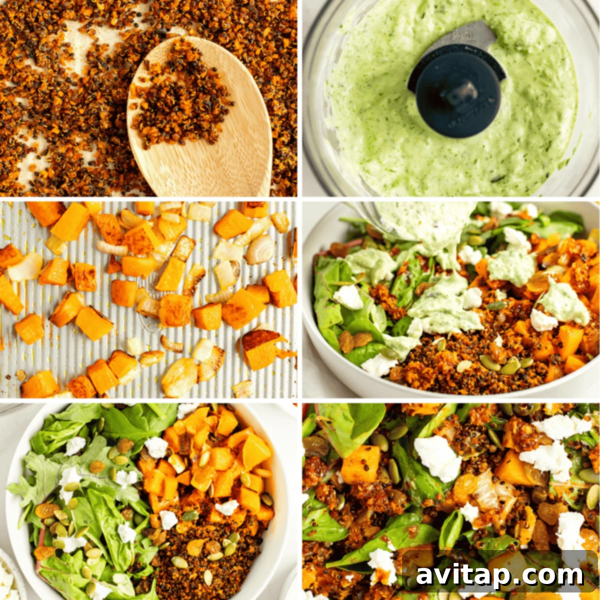 A close-up of a bowl of Crispy Quinoa and Butternut Squash Salad, highlighting the textures of roasted squash, crunchy quinoa, and greens.