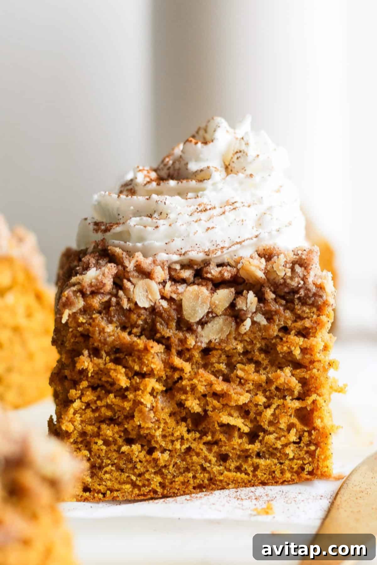 A slice of pumpkin coffee cake topped with whipped cream and a sprinkle of cinnamon on a white surface, ready to be enjoyed.