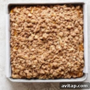 A square metal baking pan filled with a baked oatmeal fruit crumble topped with a crispy, golden-brown oat and cinnamon streusel. The pan is lined with parchment paper, fresh from the oven.