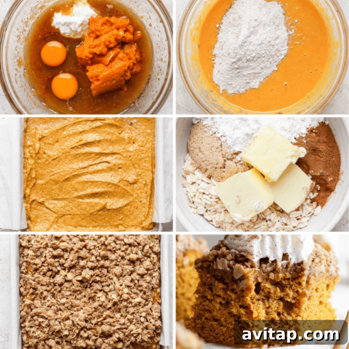 A collage of six images shows the sequential steps of making a pumpkin coffee cake: mixing ingredients, adding flour, spreading batter in a pan, mixing topping, the baked cake with crumb topping, and a slice served with whipped cream.