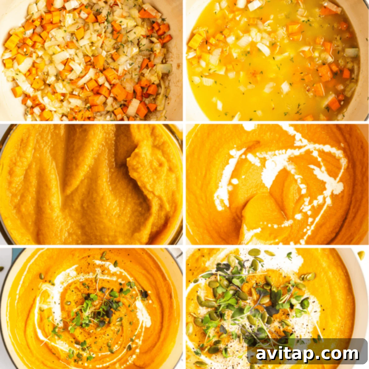 Quick & Creamy Pumpkin Soup 4 A vibrant bowl of creamy pumpkin soup with a golden spoon, fresh herbs, and a scattering of pumpkin seeds.