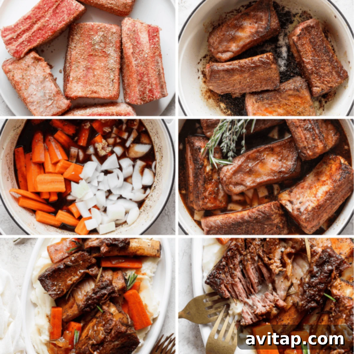 Collage of six steps detailing the preparation and cooking of braised short ribs with carrots and onions, from raw seasoned ribs to the final plated dish.