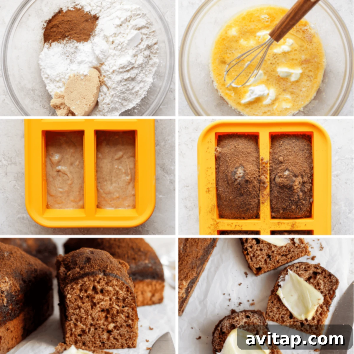 A collage showing the baking process for mini cinnamon crunch loaves, including mixing ingredients, filling molds, and the final baked and sliced bread.