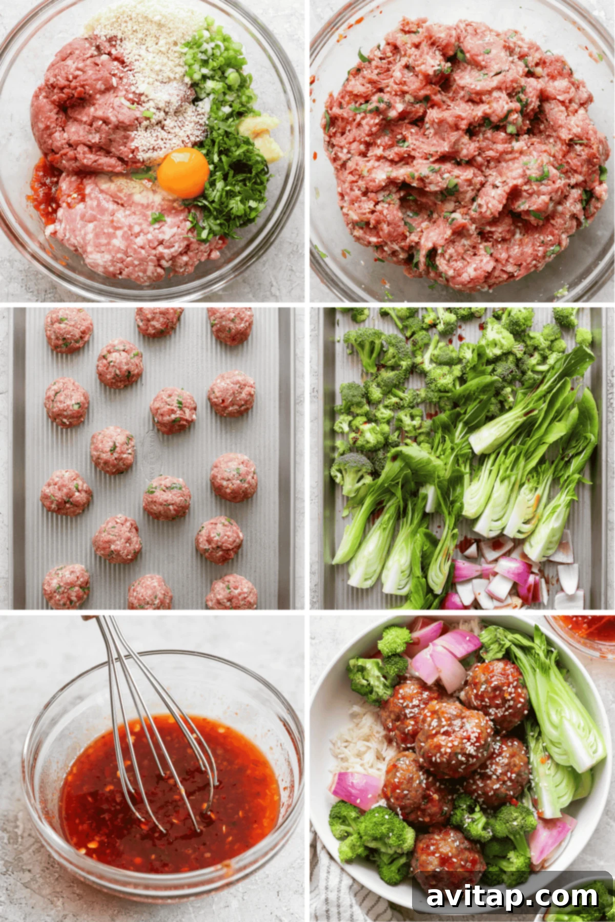A visual guide with six panels showing the step-by-step process of preparing Sheet Pan Sweet Chili Garlic Meatballs with roasted vegetables. The final panel features the completed dish in a bowl.