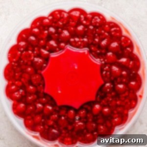 A clear plastic container filled with bright red cherry compote, featuring a red star-shaped lid in the center, showing the jello mixture ready for chilling in the mold.