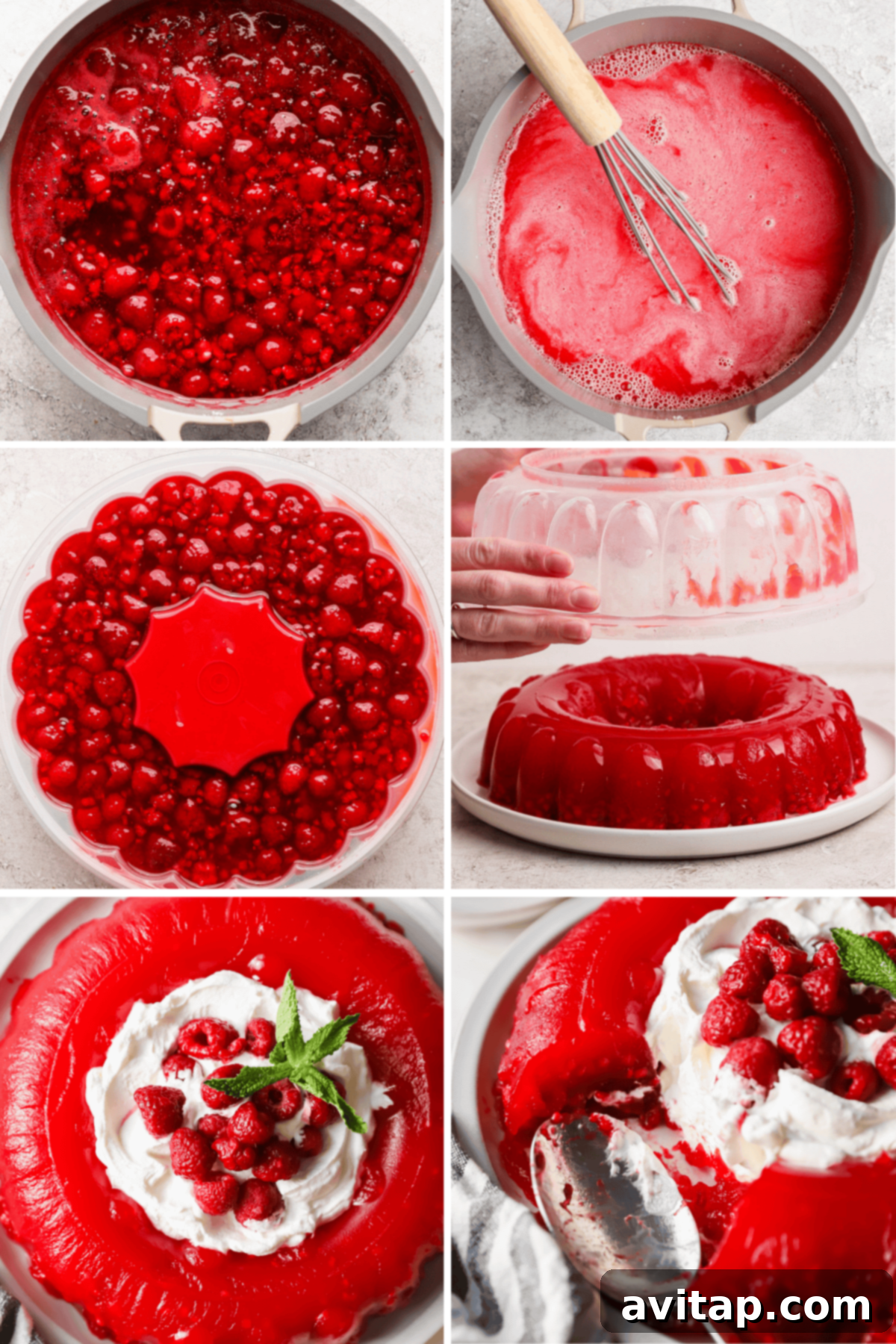 A step-by-step photographic guide to creating the raspberry gelatin mold, showcasing the mixing of ingredients, the setting process in a decorative mold, and the final presentation adorned with whipped cream, fresh raspberries, and delicate mint leaves.