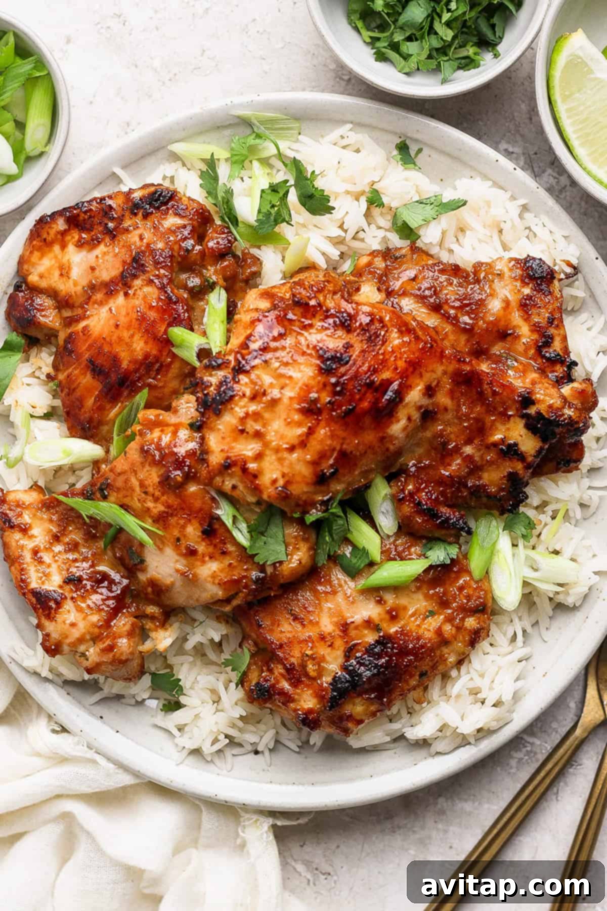 A plate of grilled miso chicken served on a bed of rice, garnished with chopped green onions and cilantro, ready to be enjoyed.
