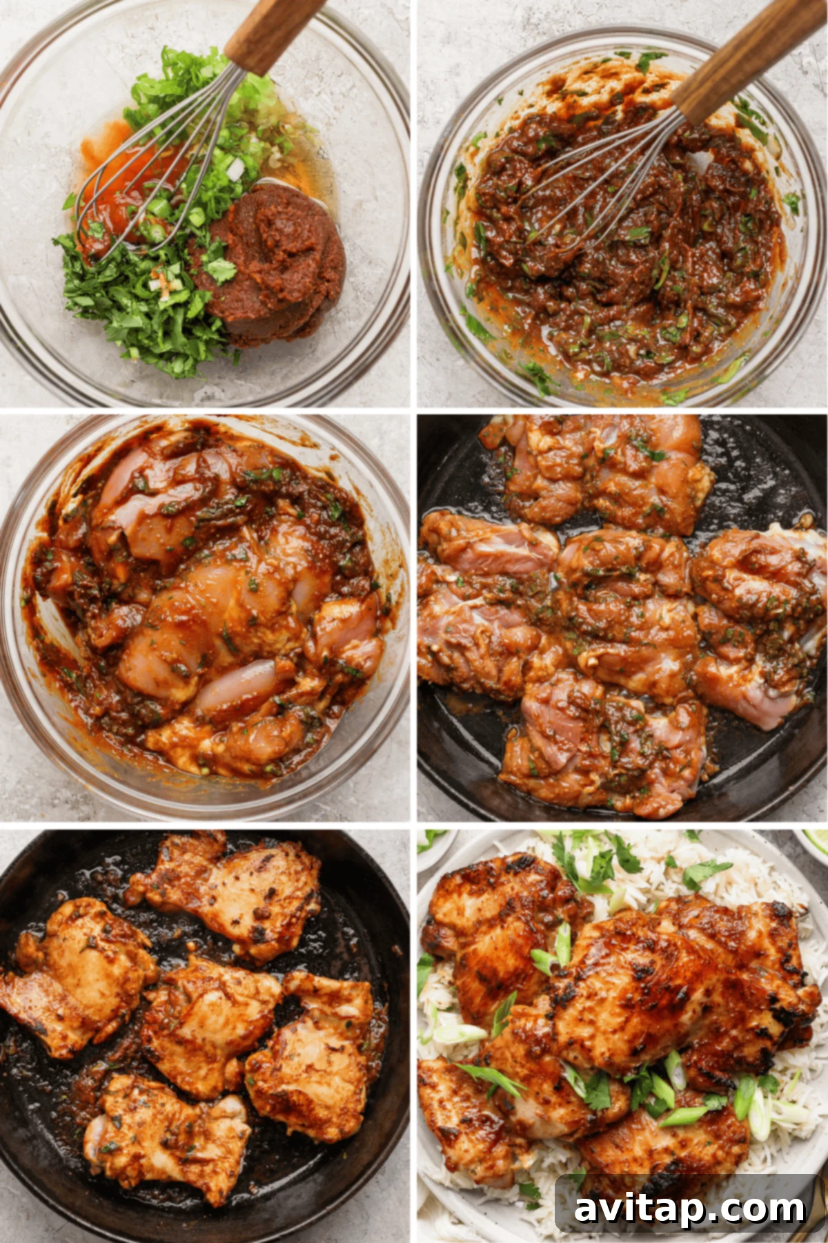 Step-by-step images showing marinated chicken being prepared, cooked, and served on rice with garnishes.