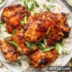 A plate with grilled chicken thighs garnished with sliced green onions and cilantro, served over a bed of white rice.