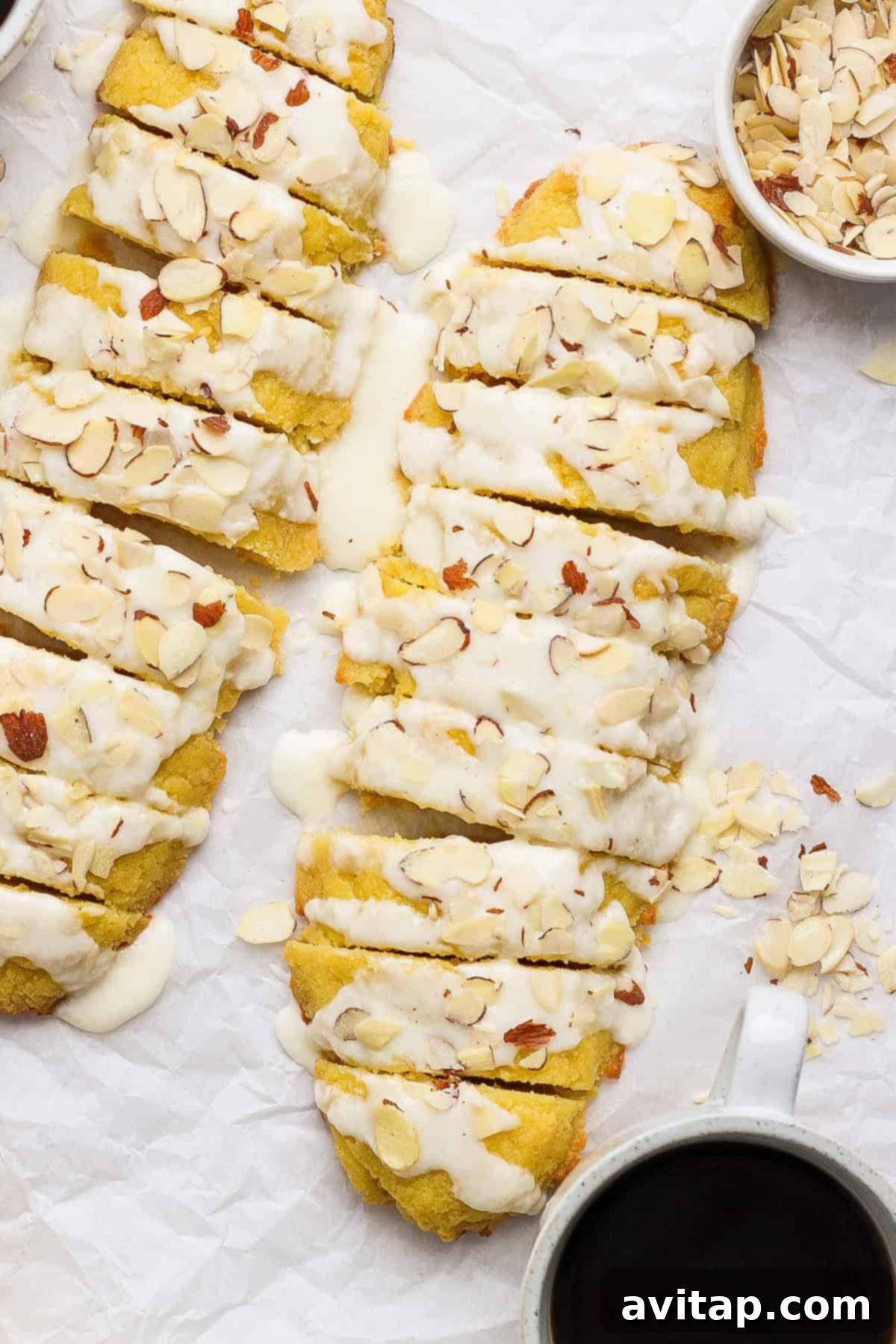 Slices of bread with white icing and almond flakes on parchment paper, alongside a bowl of almonds and a cup of black coffee.